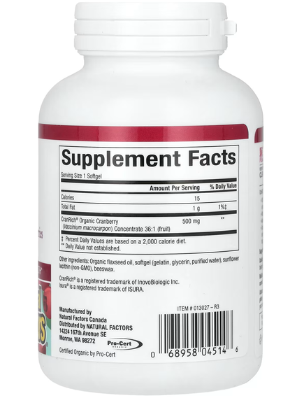 Natural Factors CranRich Концентрат Журавлини Органічної 36:1 Суперпотужна Добавка 500 мг 90 м'яких капсул, зображення 2