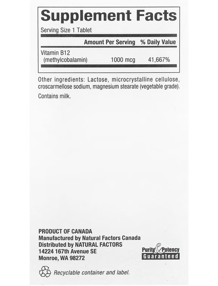 Natural Factors B12 Метилкобаламін 1000 мкг 180 жувальних таблеток, зображення 2