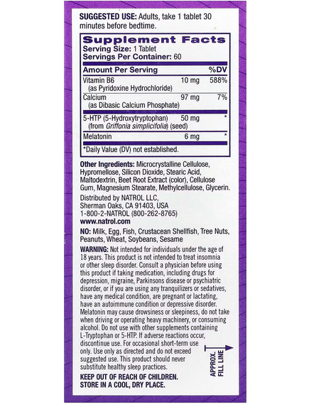 Natrol Мелатонін та 5-гідрокситриптофан 5-HTP З повільним вивільненням 60 двошарових таблеток, зображення 2