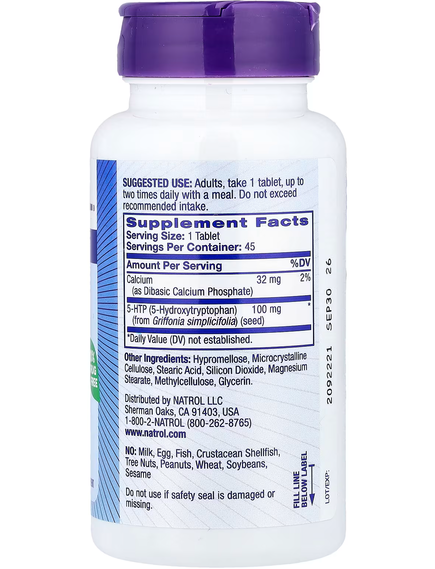 Natrol 5-гідрокситриптофан 5-HTP 100 мг З повільним вивільненням 45 таблеток, зображення 2