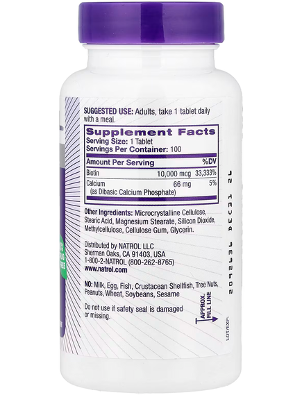 Natrol Біотин 10000 мкг 100 таблеток, зображення 2