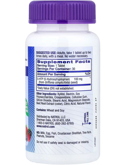 Natrol 5-гідрокситриптофан 5-HTP 100 мг Швидкорозчинний зі смаком міксу ягід 30 таблеток, зображення 2