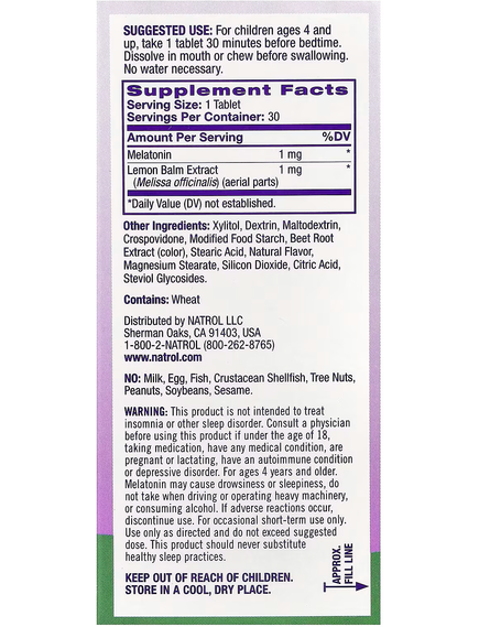 Natrol Kids Мелатонін 1 мг для дітей від 4 років Швидкорозчинний зі смаком полуниці 30 таблеток, зображення 2
