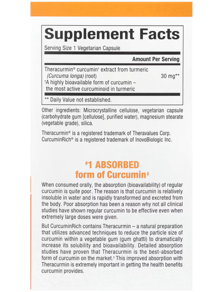 Natural Factors CurcuminRich Theracurmin Куркумін 30 мг 60 вегетаріанських капсул, зображення 2