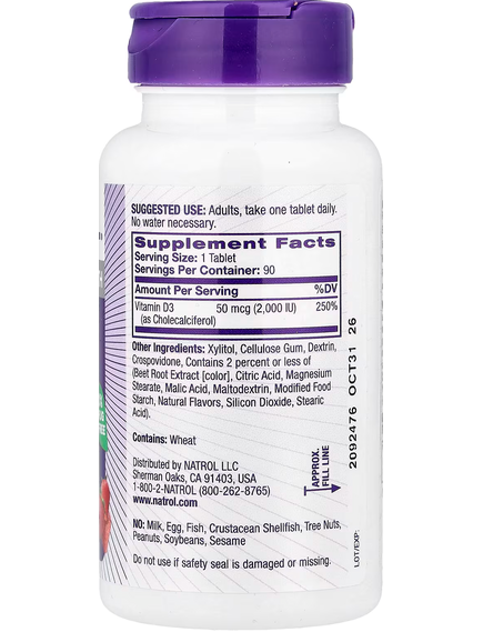 Natrol Вітамін D3 2000 МО Швидкорозчинний зі смаком полуниці 90 таблеток, зображення 2