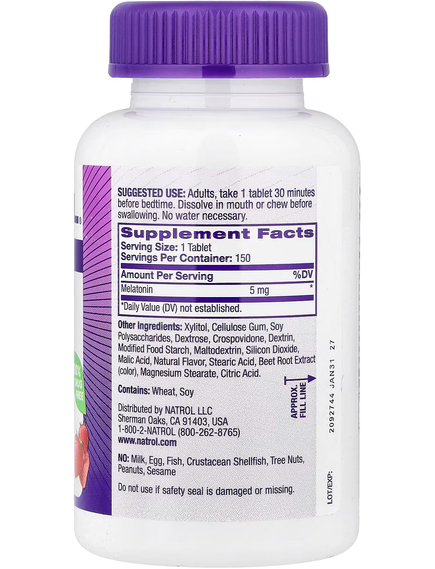 Natrol Мелатонін 5 мг Швидкорозчинний зі смаком полуниці 150 таблеток, зображення 2