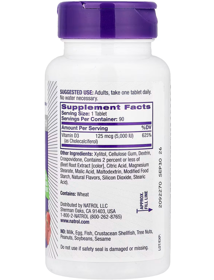 Natrol Вітамін D3 5000 МО Швидкорозчинний зі смаком полуниці 90 таблеток, зображення 2