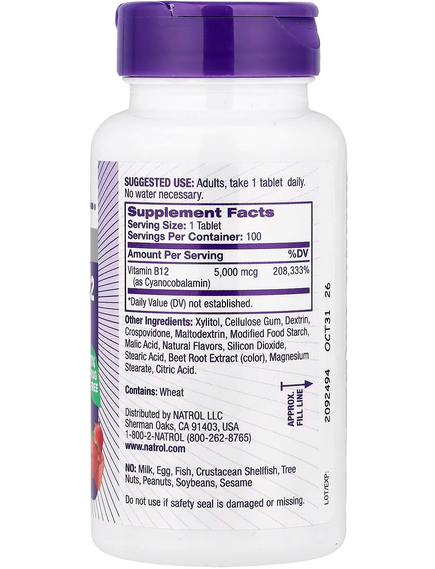 Natrol Вітамін B12 5000 мкг Максимальної сили дії Швидкорозчинний зі смаком полуниці 100 таблеток, зображення 2