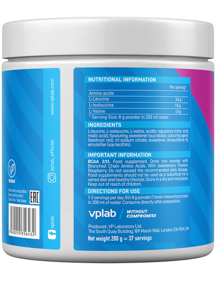 VPlab BCAA 2-1-1 Амінокислоти Харчова добавка зі смаком Малина 300 г, зображення 2