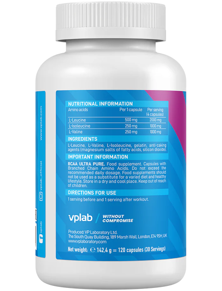 VPlab BCAA Ultra Pure Амінокислоти Харчова добавка 120 капсул, зображення 2
