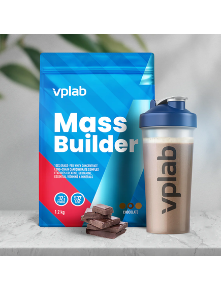 VPlab Mass Builder Гейнер Суміш для набору та підтримки м'язової маси зі смаком Шоколад 1200 г, зображення 2