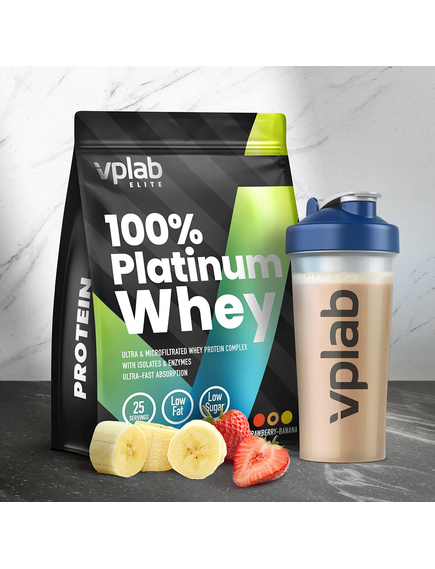 VPlab 100% Platinum Whey Протеїн сироватковий суміш зі смаком Полуниця-Банан 750 г, зображення 2
