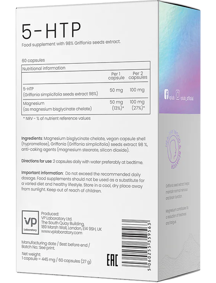 VPlab 5-гідрокситриптофан 5-HTP 50 мг 60 капсул, зображення 2