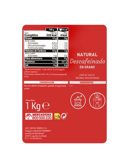 Hacendado Кава зернова Натуральна Без Кофеїну 1 кг, зображення 2